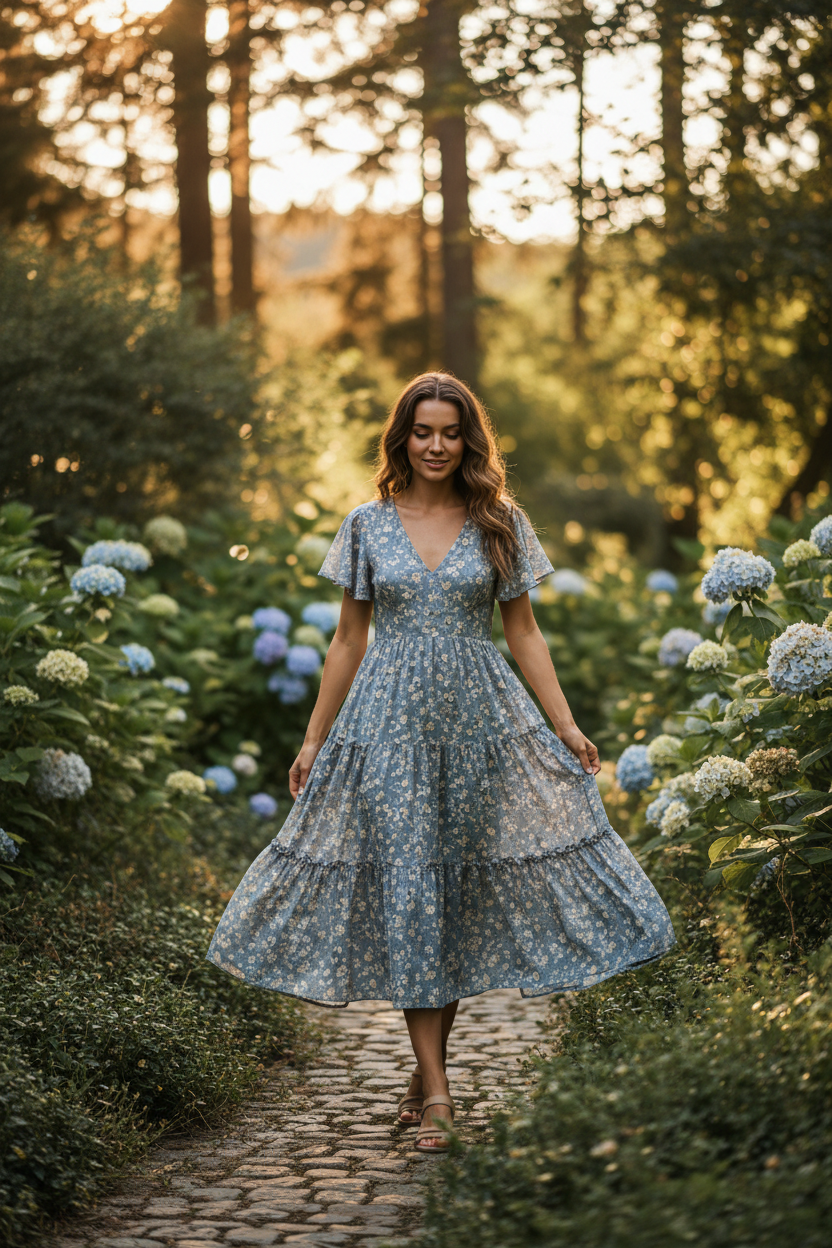 Dusty Blue Floral - Model walking outdoors