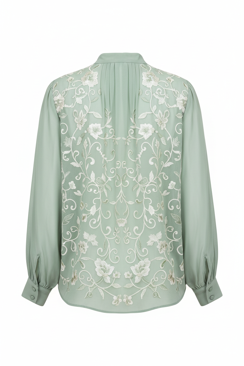 Sage Embroidered blouse – back view, white background