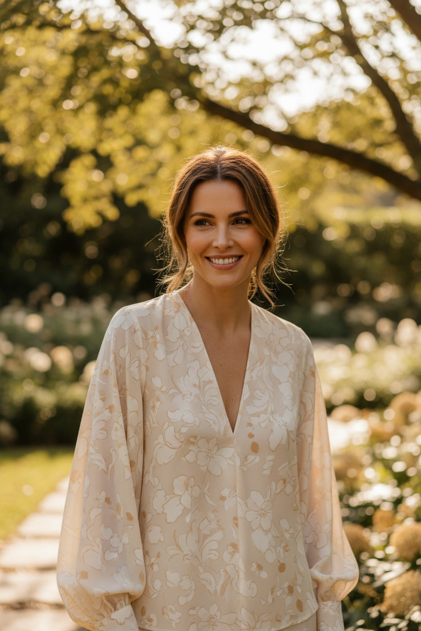 Ivory Floral blouse - female model smiling naturally