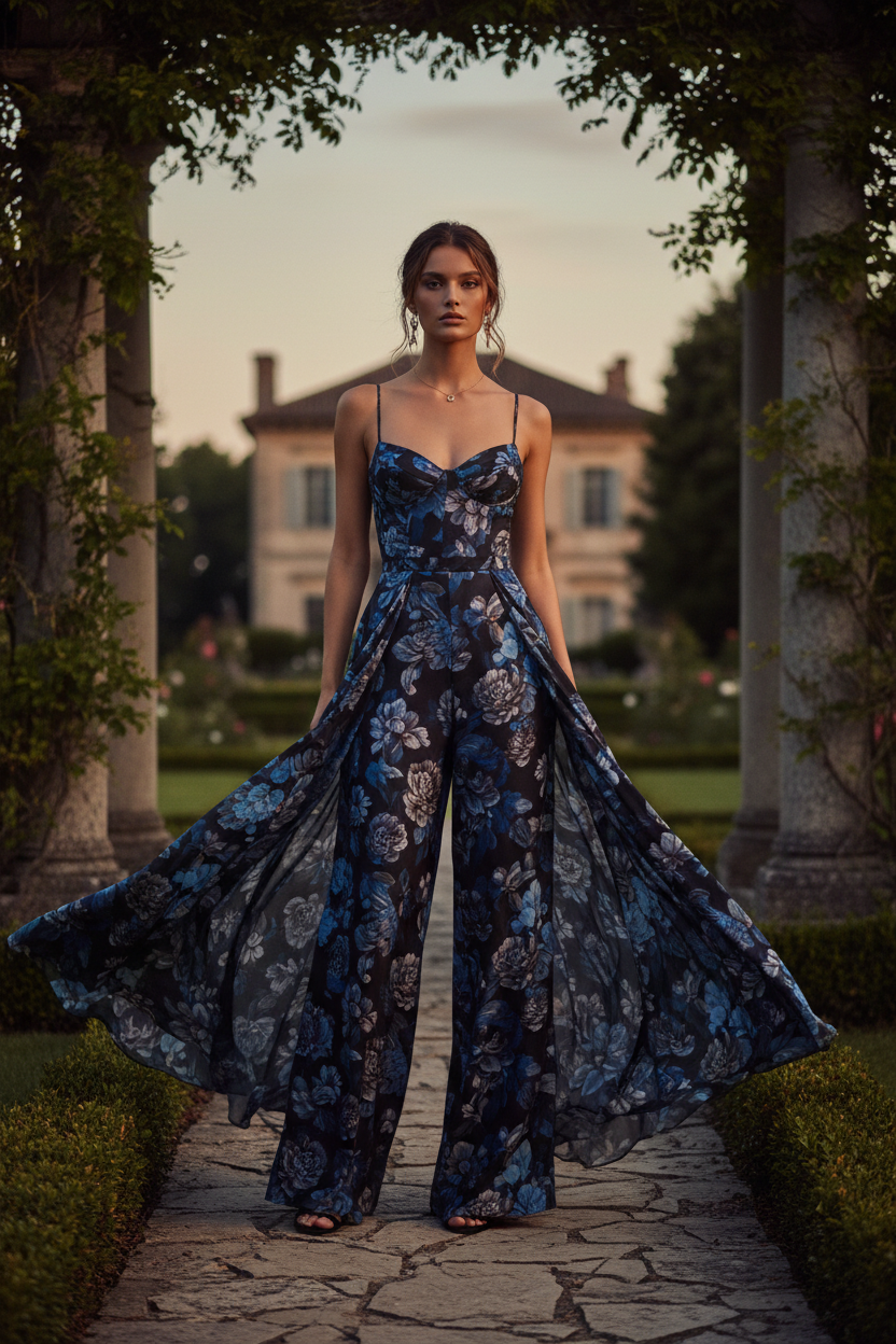 Midnight Floral - Female model standing outdoors wearing Celeste Evening Jumpsuit