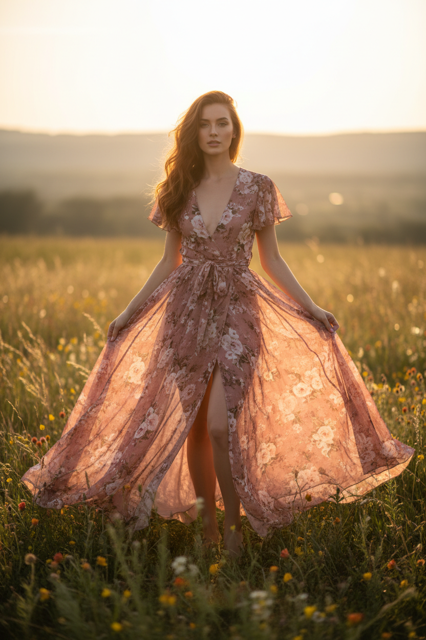 Isabella Floral Maxi Dress Dusty Rose – Model posing in sunlight