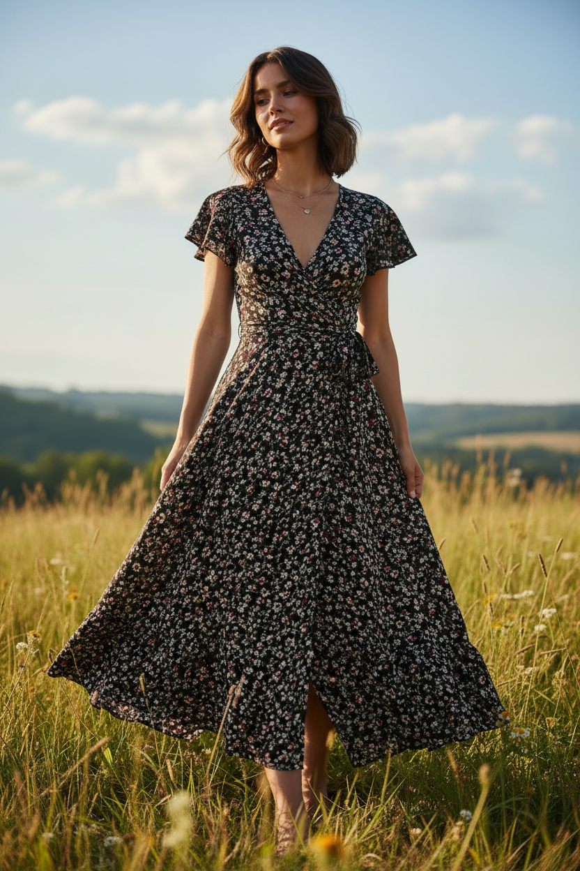 Black Floral – Female model standing outdoors