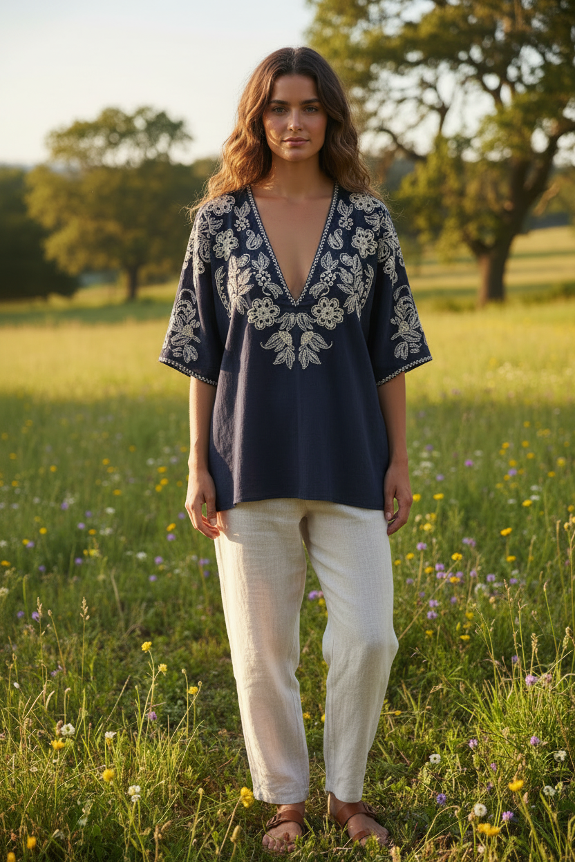 Navy Embroidered Top - Female model standing outdoors