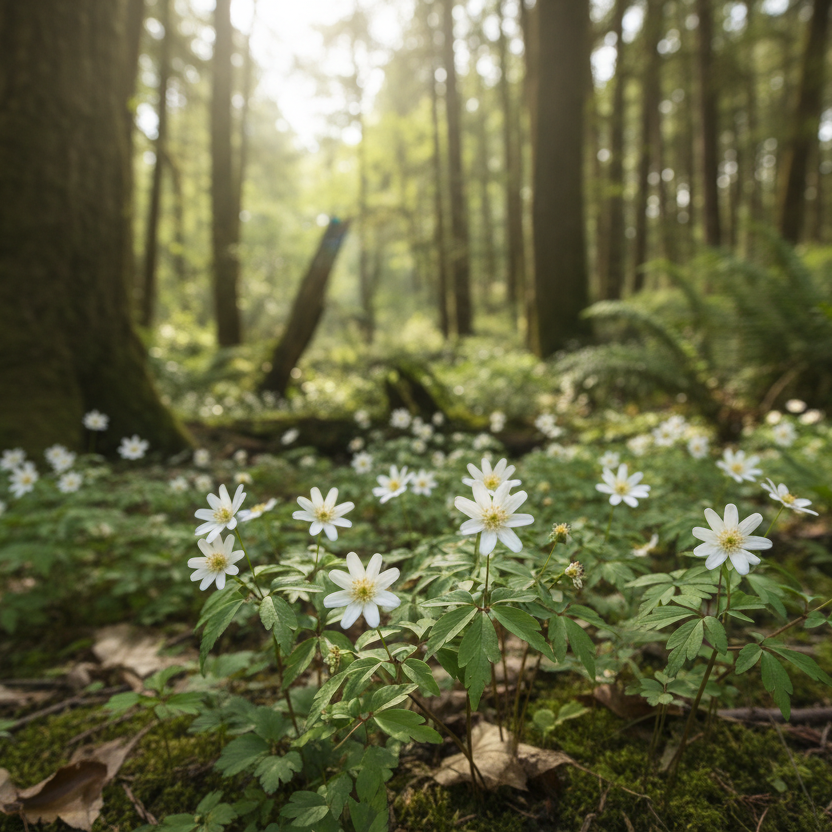 White Wildflowers in Forest